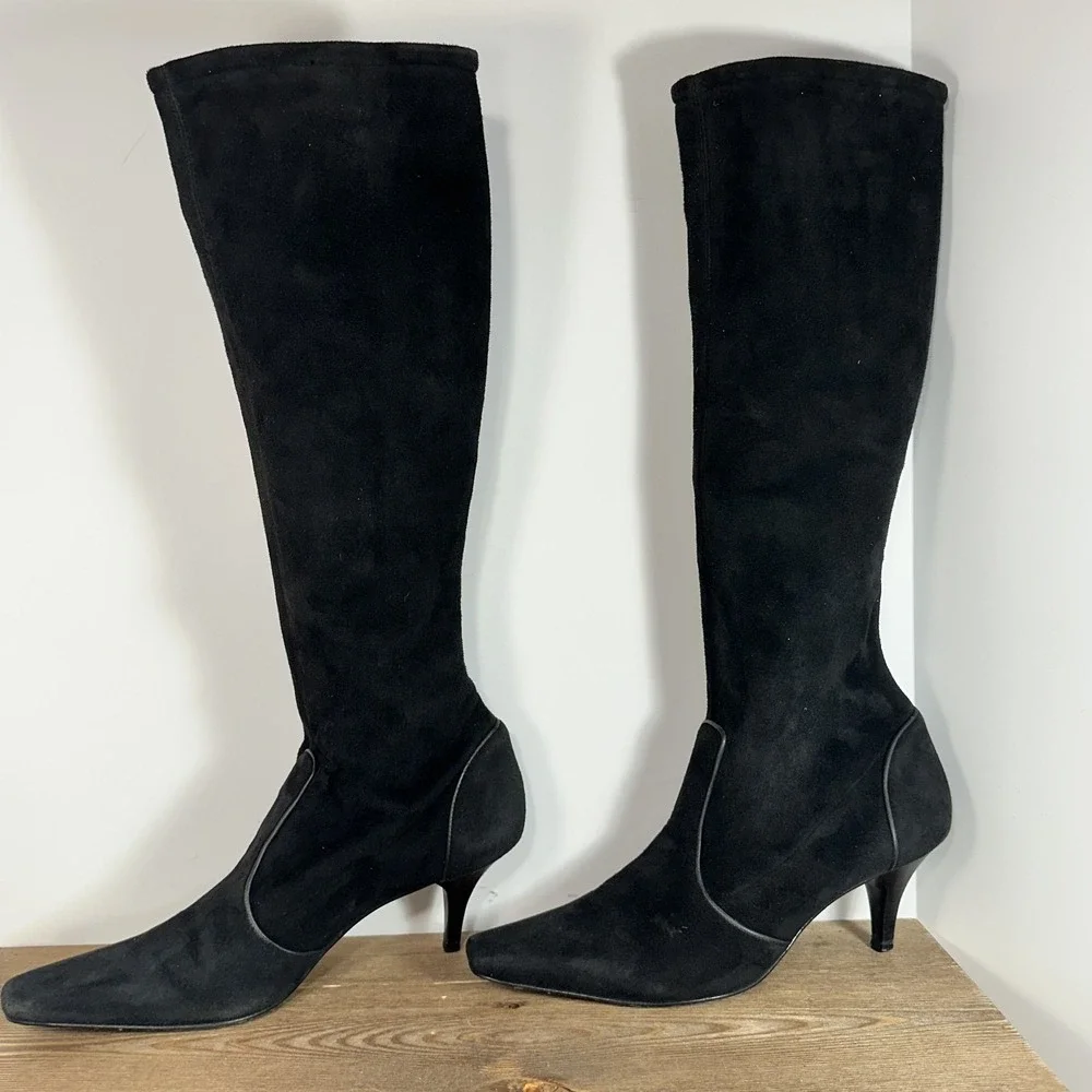 VTG Cole Haan Black Suede Knee High Sock Boots SZ 9B Kitten Heel Square Toe Chic